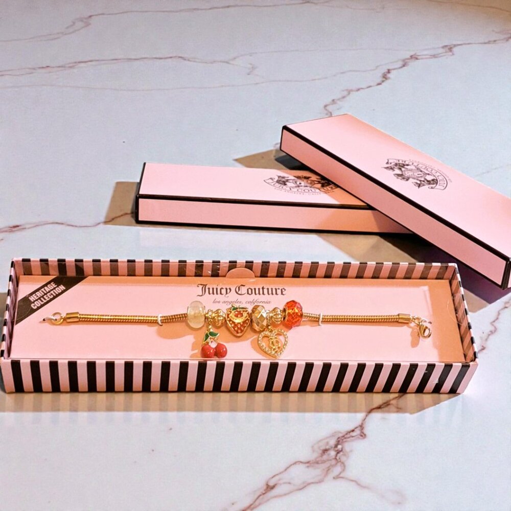 Juicy Couture Gold Red Tone Cherry & Strawberry Charm Bracelet NWT - Picture 2 of 7